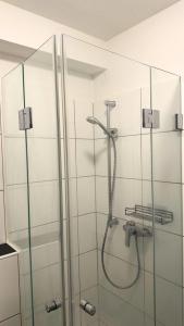 a shower with a glass door in a bathroom at Modern Studio - perfect location in Duisburg