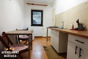 a kitchen with a table and a counter top at Mariuca Apartament in Buşteni