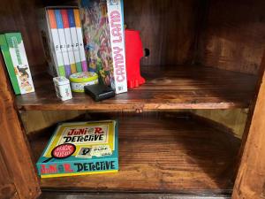 ein Holzregal mit Büchern und einer Schachtel darauf in der Unterkunft The Air Capitol Cottage in Leadville