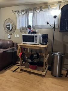 een woonkamer met een magnetron op een tafel bij The Air Capitol Cottage in Leadville