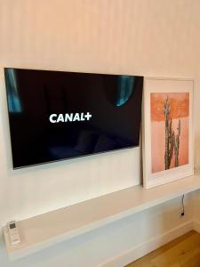 uma televisão de ecrã plano numa prateleira com uma fotografia em Cocon 2 pièces avec grande terrasse à Vauban em Marselha
