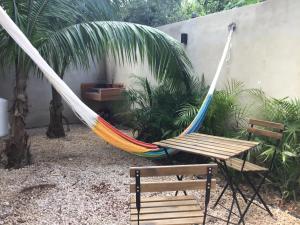 una hamaca y un banco en un jardín en Villa Constantino en Telchac Puerto