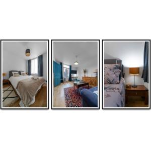 four pictures of a bedroom and a living room at Le Darcet - Appartement Calme et lumineux in Vichy