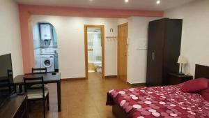 1 dormitorio con cama, escritorio y cocina en Apartamenticos Boggiero I, en Zaragoza