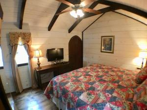 ein Schlafzimmer mit einem Bett und einem TV in einem Zimmer in der Unterkunft Tiny Home Cottage Near the Smokies #6 Greta in Sevierville
