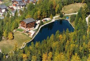 an aerial view of a lodge on a lake at Hotel zum See in Grächen