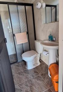 W łazience znajduje się toaleta, umywalka i prysznic. w obiekcie HOSPEDAJE VILLA SAMARA w mieście Guatapé