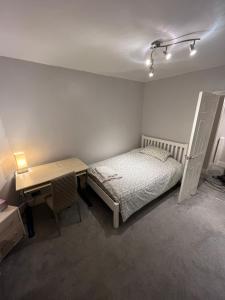Immaculate House for Professionals 2020 Renovation في Cove: غرفة نوم مع سرير ومكتب ومكتب