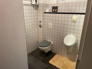baño con aseo y asiento verde en 140 qm großes Loft mit 2 Schlafzimmern im Fabrikstil, en Gross-Umstadt