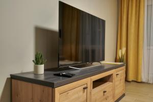 a flat screen tv sitting on top of a wooden cabinet at Apartman Cesarac in Osijek