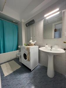 a bathroom with a sink and a washing machine at Platanidia Guesthouse in Platanidia