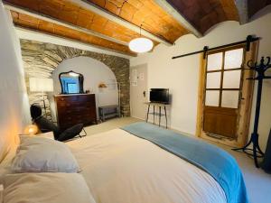 1 dormitorio con 1 cama en una habitación con una pared de piedra en Can Paroi en Camprodon