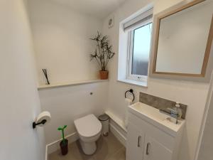 uma casa de banho com um WC, um lavatório e uma janela em Middleton em Bognor Regis