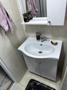 a bathroom with a white sink and a mirror at Uludağ manzaralı kış bahçesi in Panayır