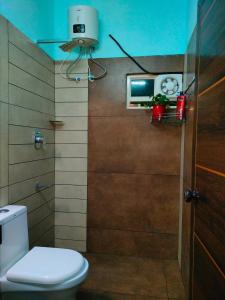 a bathroom with a toilet and a shower stall at Gerards Home stay Fortkochi in Cochin
