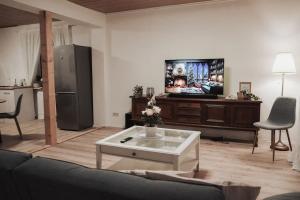 a living room with a couch and a tv at Charmantes & offenes Apartment in Ramstein-Miesenbach