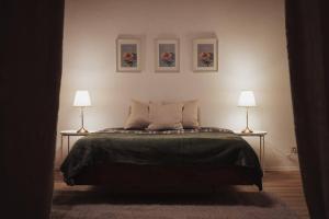 a bedroom with a bed with two lamps on it at Charmantes & offenes Apartment in Ramstein-Miesenbach
