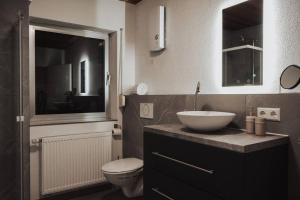 ein Badezimmer mit einem weißen Waschbecken und einem WC in der Unterkunft Charmantes & offenes Apartment in Ramstein-Miesenbach