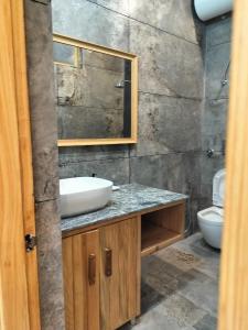 a bathroom with a sink and a mirror at Shepherds Of Dharamshala in Dharmsala