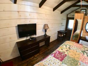 a bedroom with a tv on a wooden wall at Tiny Home Cottage Near the Smokies #9 Frieda in Sevierville