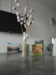 La Fleur de Roseau 200m de la plage 300 m des Commerces في لو غراو دو روا: مزهرية فيها زهور تجلس على طاولة