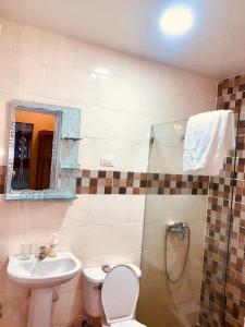 a bathroom with a toilet and a sink and a mirror at Grande y acogedor apartamento cerca de la playa. in Azua de Compostela