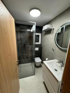 ein Bad mit einer Dusche, einem WC und einem Waschbecken in der Unterkunft Pensiune Restaurant Pizzerie 2 Păuni in Borşa