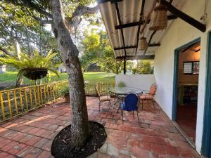 een patio met een boom en een tafel en stoelen bij Finca La Esperanza - Cabaña Villa Marujita in Socorro