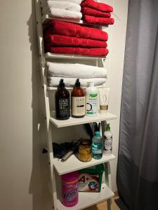 a towel rack with towels and cleaning products in a bathroom at Trondheim, Kroppanmarka Tiller in Trondheim