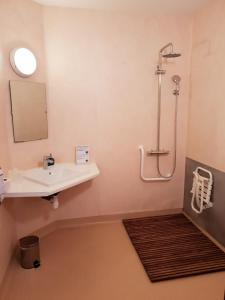 W łazience znajduje się umywalka i prysznic. w obiekcie Auberge Communale de la Fruitière w mieście Péron