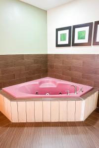 a pink bath tub in a room with wooden floors at OYO Hotel Rome West GA in Rome