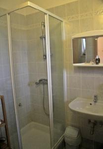 La salle de bains est pourvue d'une douche et d'un lavabo. dans l'établissement Farm stay Domačija Butul, à Koper