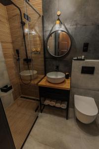 een badkamer met een wastafel, een douche en een toilet bij Apartamenty DeLux Centrum Kielce in Kielce