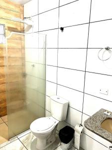 La salle de bains est pourvue de toilettes, d'une douche et d'un lavabo. dans l'établissement Studio acolhedor em região central de Foz, à Foz do Iguaçu