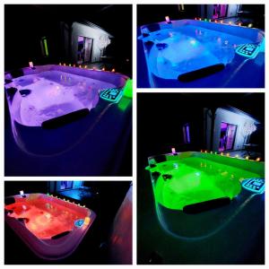 four different pictures of a tub with colored liquids at Un Séjour Romantique en couple avec Jacuzzi privé Chromothérapie Jardin Maison privée in Ychoux