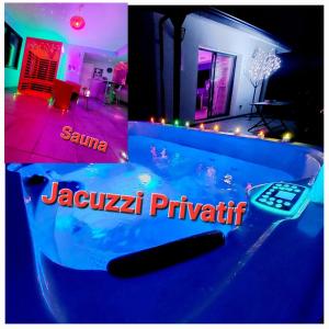 a bath tub with a remote control in a room at Un Séjour Romantique en couple avec Jacuzzi privé Chromothérapie Jardin Maison privée in Ychoux