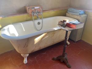 uma banheira antiga com um chuveiro num quarto em Villa Mas de la Roche em Fayence