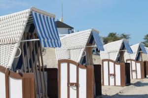 uma fila de cadeiras de praia com guarda-sóis na praia em Familien Ferienhof Lucky bei Kühlungsborn OFC 08 em Diedrichshagen