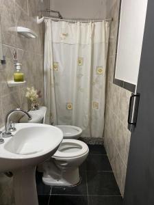 a bathroom with a sink and a toilet and a shower at San Julián in San Rafael