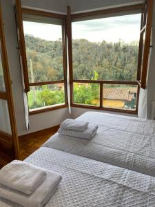 Un dormitorio con dos camas y una gran ventana. en VILLA ACEBO, en Arboleya