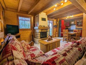 a living room with a couch and a fireplace at Chalet confortable à Cleurie avec WIFI, cheminée et terrasse - FR-1-589-71 in Cleurie