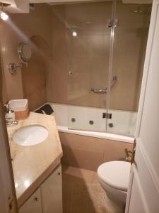 a bathroom with a shower and a sink and a toilet at Dpto. Frente al Mar San Martín in Viña del Mar