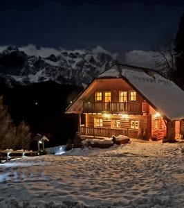 una baita di tronchi nella neve di notte di Holiday chalet "Alpine dreams" a Solčava