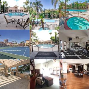 un collage de fotos de una piscina del complejo en Venetian La Jolla One bedroom condo luxury furnished near beach and UTC mall, en San Diego