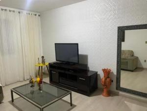 a living room with a tv and a mirror at Apartamento aconchegante com 03 quartos ideal para familia ou turma in Diamantina
