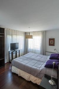 een slaapkamer met een groot bed en een televisie bij Hermoso departamento frente al lago con piscina in Bariloche