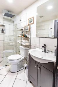 een witte badkamer met een toilet en een wastafel bij Pleasantly Plush - Quality and Comfort Downtown in Tulsa