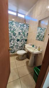 y baño con aseo y lavamanos. en Residencial F y V Spa, en Rancagua