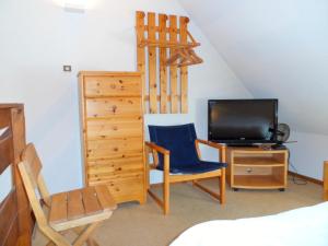 een slaapkamer met een bed, een tv en een stoel bij Appartement Cabourg, 2 pièces, 2 personnes - FR-1-794-15 in Cabourg