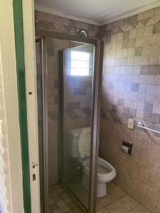 ein Badezimmer mit einem WC und einer Glasduschkabine in der Unterkunft El bagual hostería in Suipacha